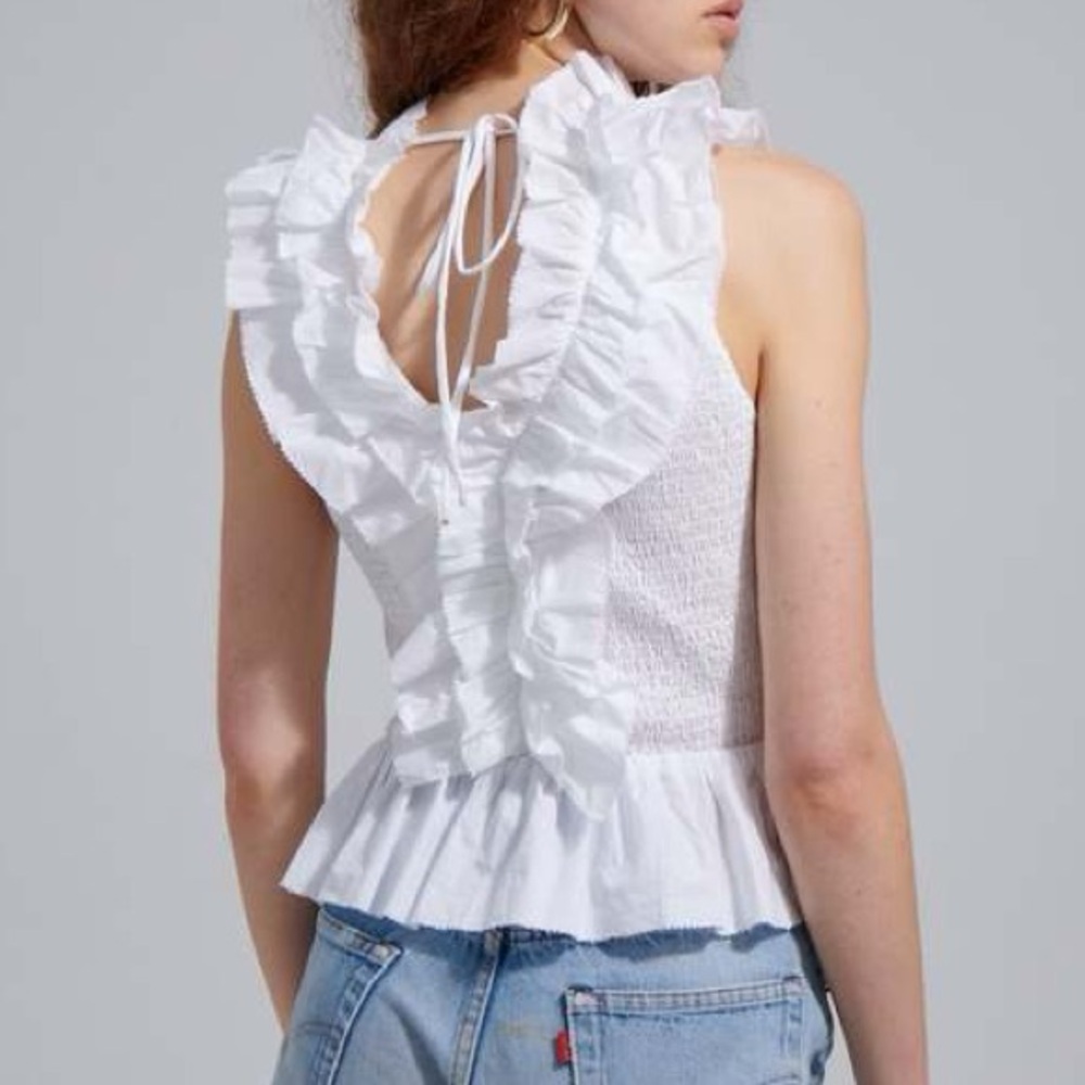 Love The Label Zephyr Top White Smocked Ruffled Neckline Sleeveless Tank Shirt S - Picture 5 of 9